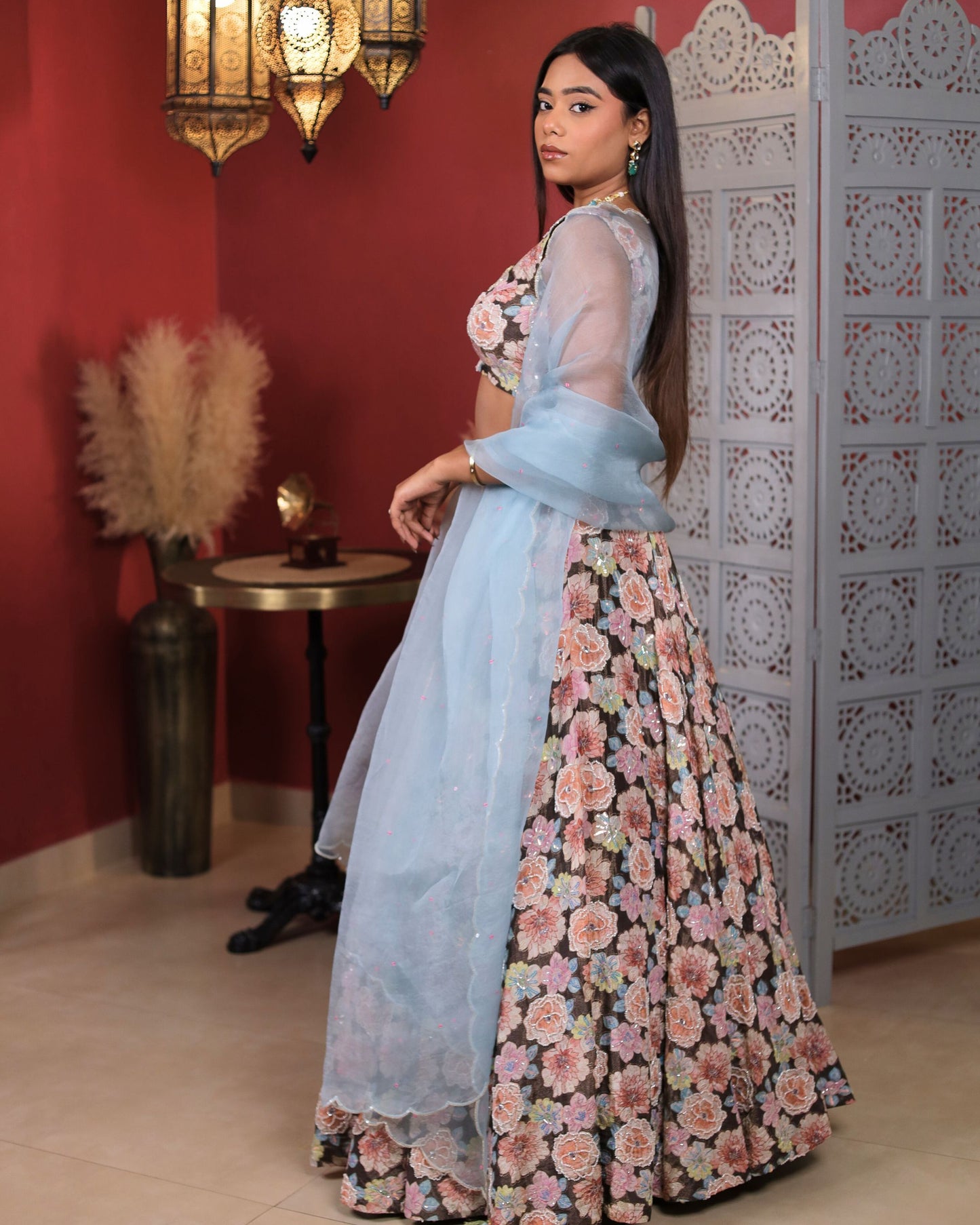 Cafe Noir Brown Tissue Floral Embroidered Lehenga Set