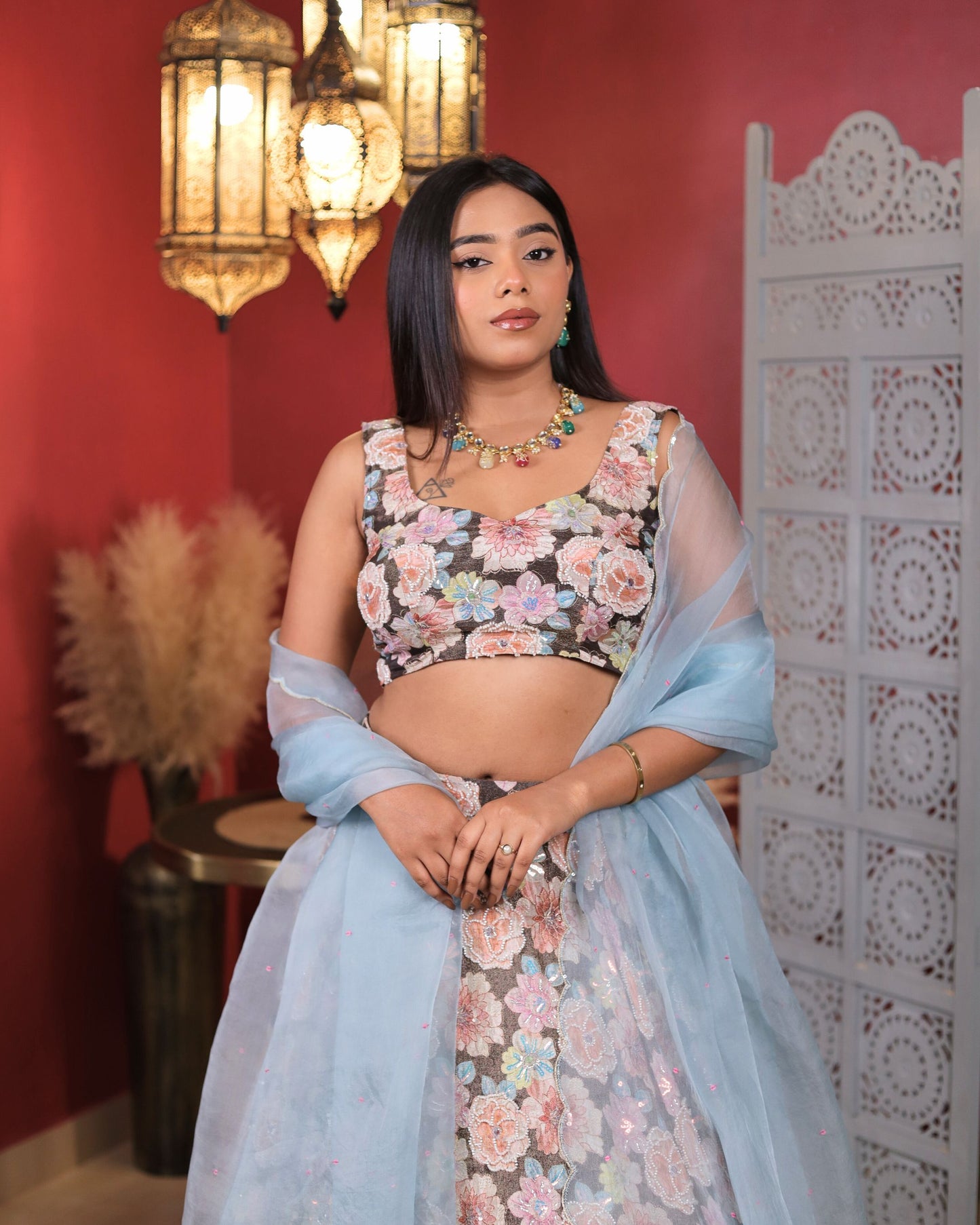 Cafe Noir Brown Tissue Floral Embroidered Lehenga Set