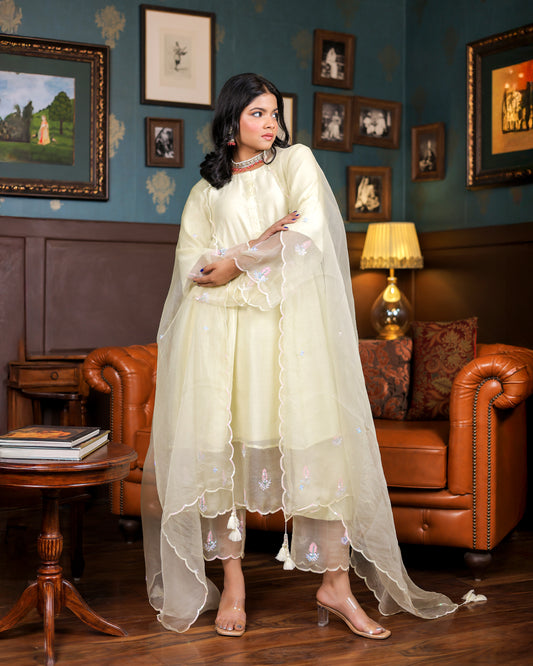 Lemon Yellow Mulmul Chanderi Kurta Set