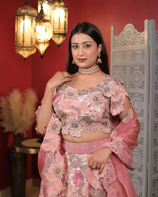 Sand Pink Georgette Floral Embroidered Lehenga Cutwork Dupatta Set