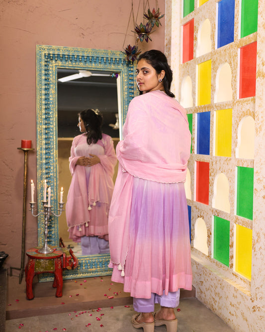Ombre Lavender Mulmul Chanderi Anarkali Set