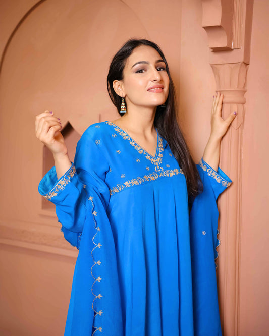 Blue Crepe Yoke Flared Kurta with Palazzo & Dupatta