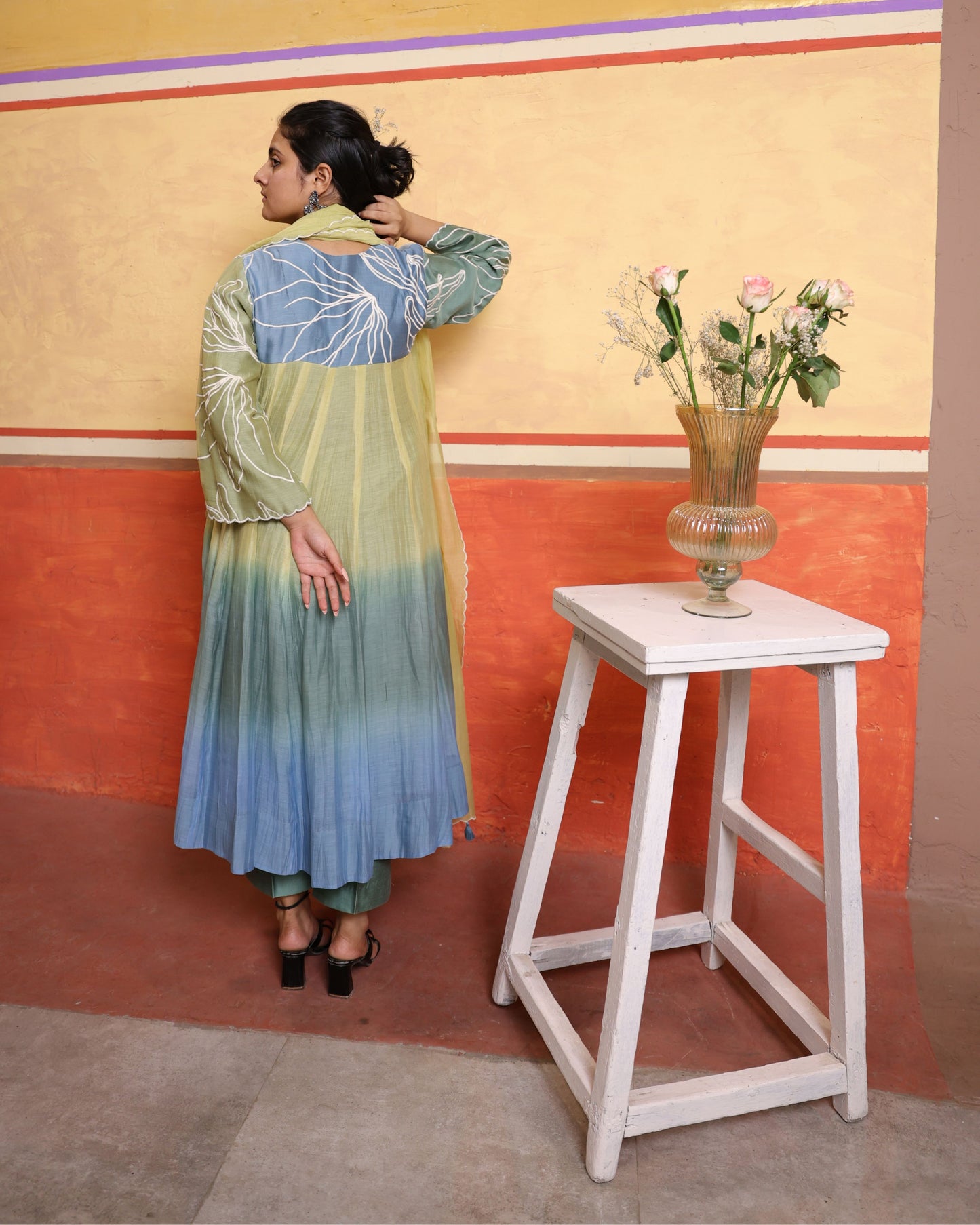 Ombre Sage Green Mulmul Chanderi Anarkali Set