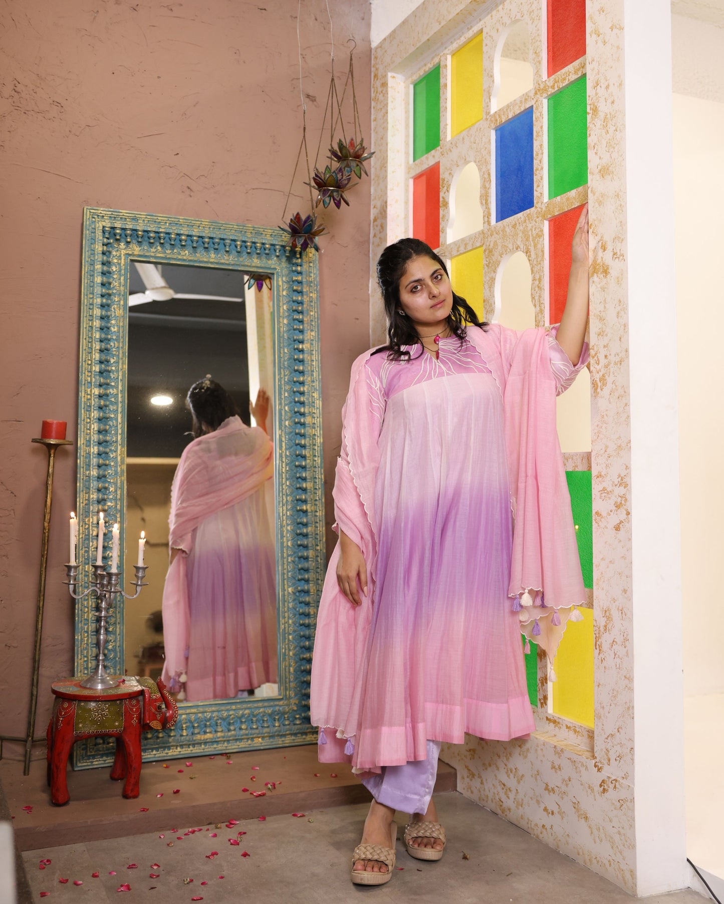 Ombre Lavender Mulmul Chanderi Anarkali Set