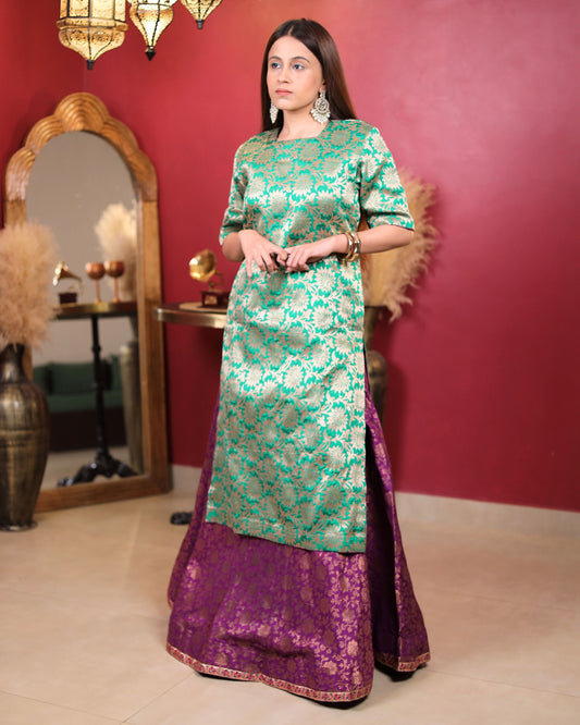 Emerald Green Kurta with Purple Sharara
