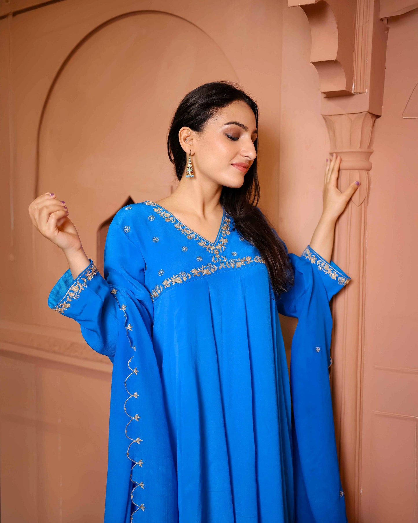 Blue Crepe Yoke Flared Kurta with Palazzo & Dupatta
