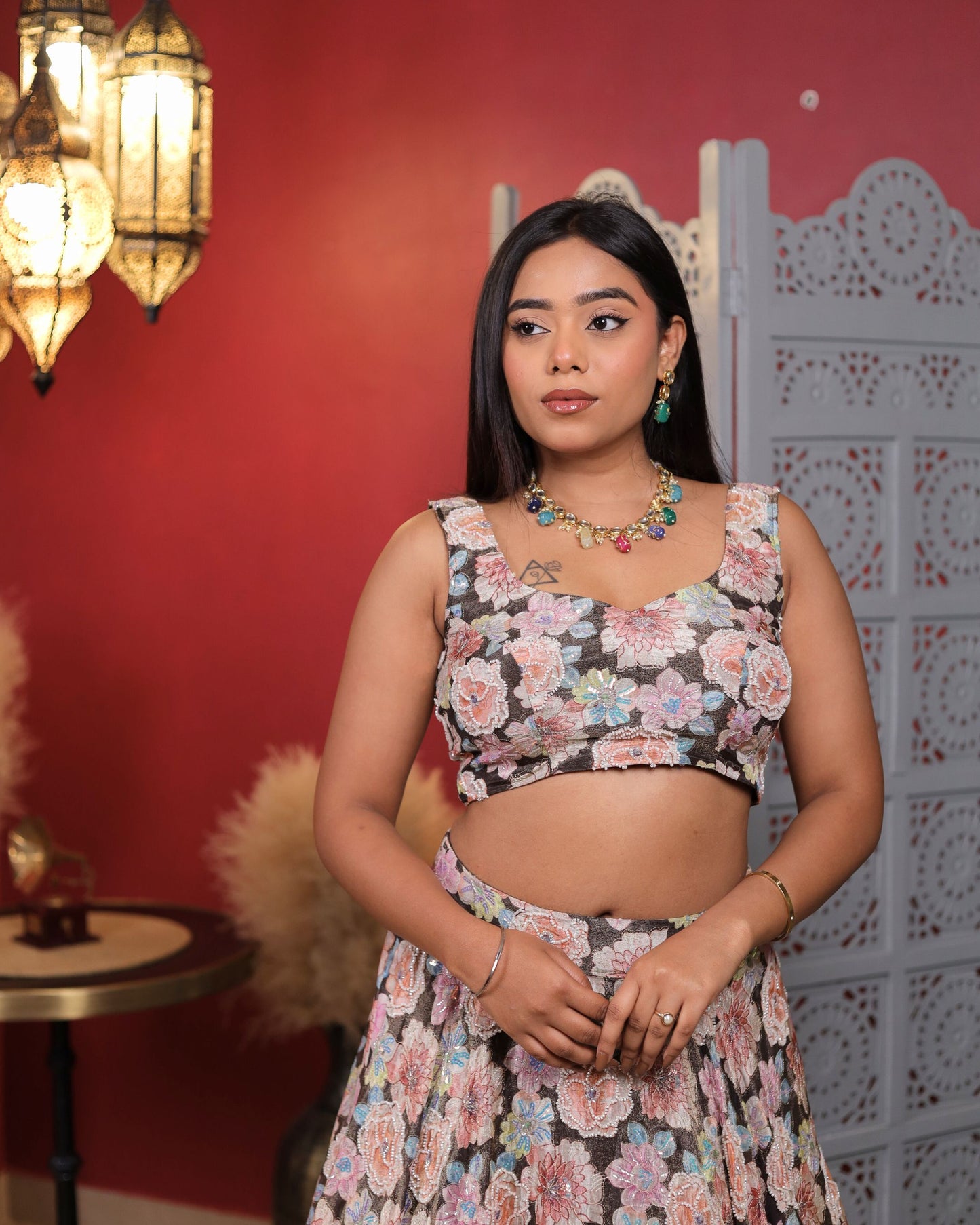 Cafe Noir Brown Tissue Floral Embroidered Lehenga Set