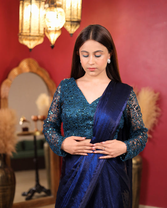Teal Blue Saree Ensemble with Blouse