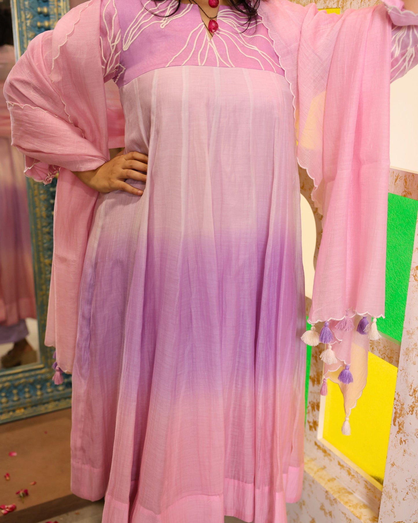Ombre Lavender Mulmul Chanderi Anarkali Set