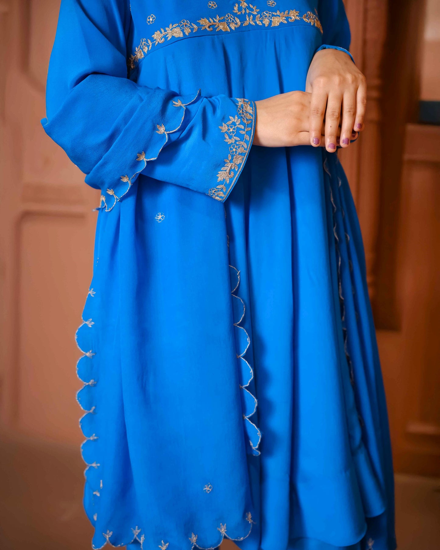 Blue Crepe Yoke Flared Kurta with Palazzo & Dupatta