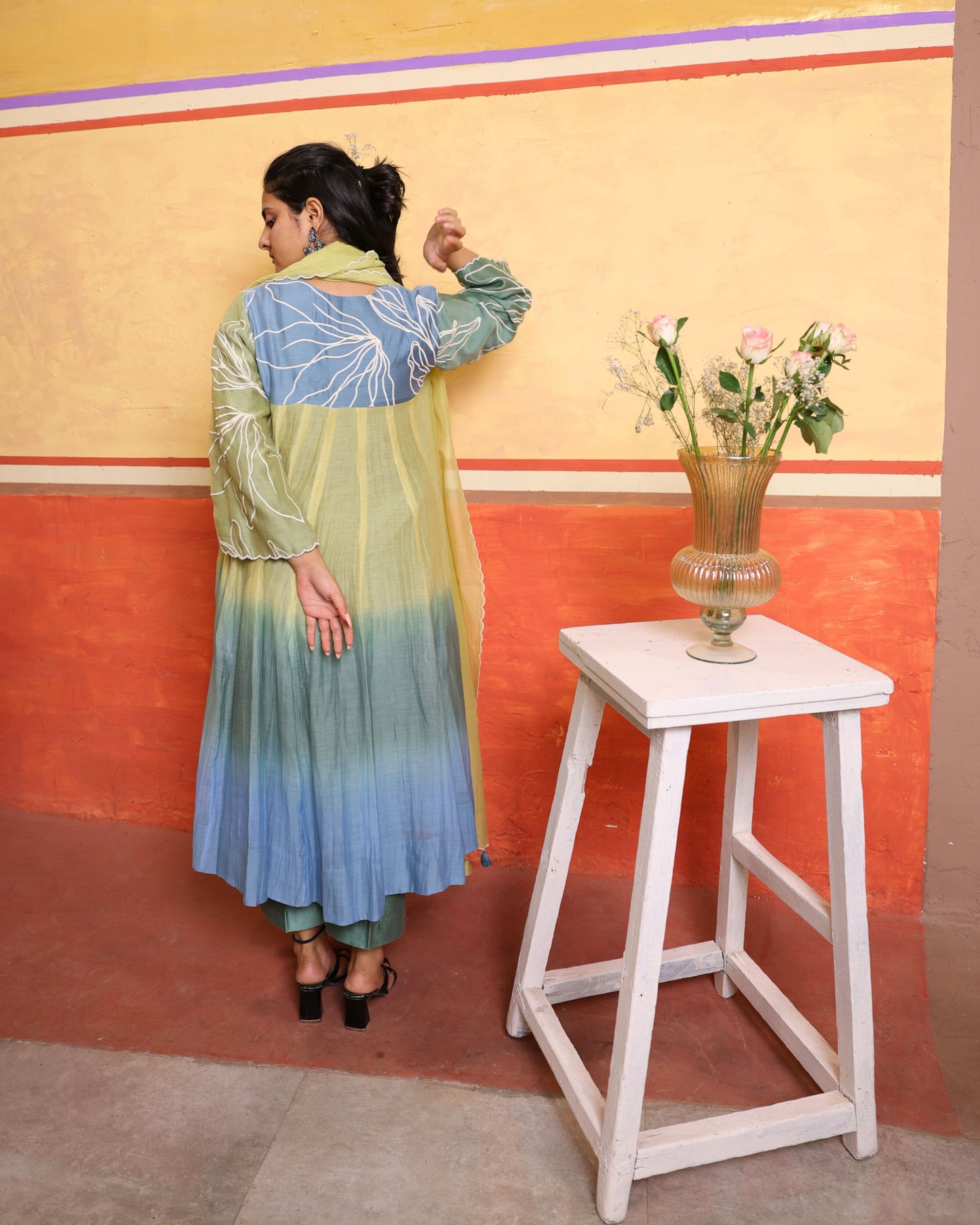Ombre Sage Green Mulmul Chanderi Anarkali Set