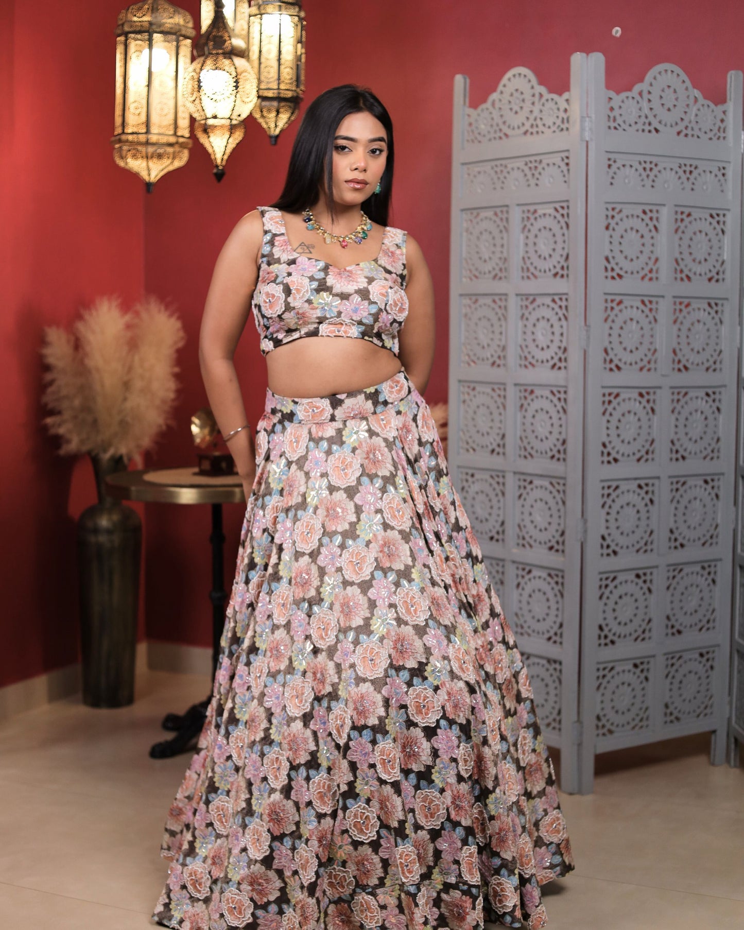 Cafe Noir Brown Tissue Floral Embroidered Lehenga Set