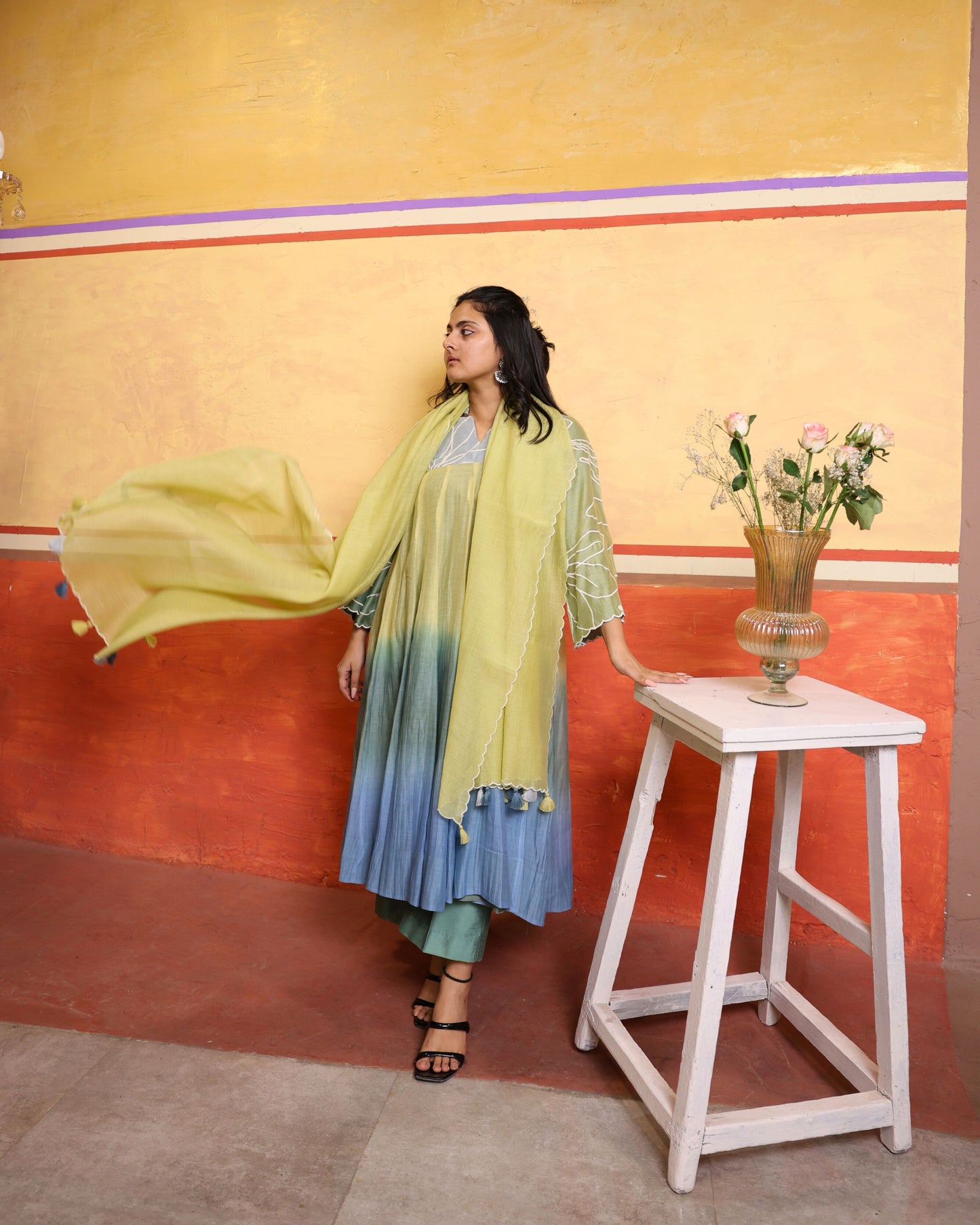 Ombre Sage Green Mulmul Chanderi Anarkali Set