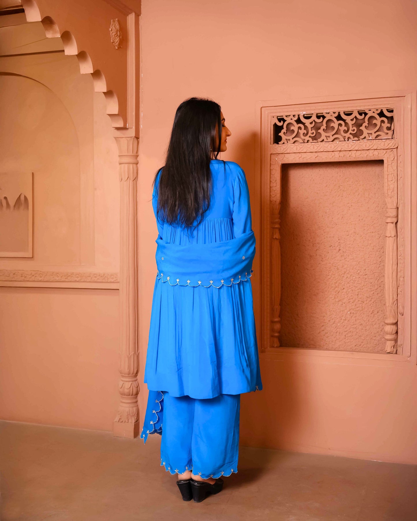 Blue Crepe Yoke Flared Kurta with Palazzo & Dupatta