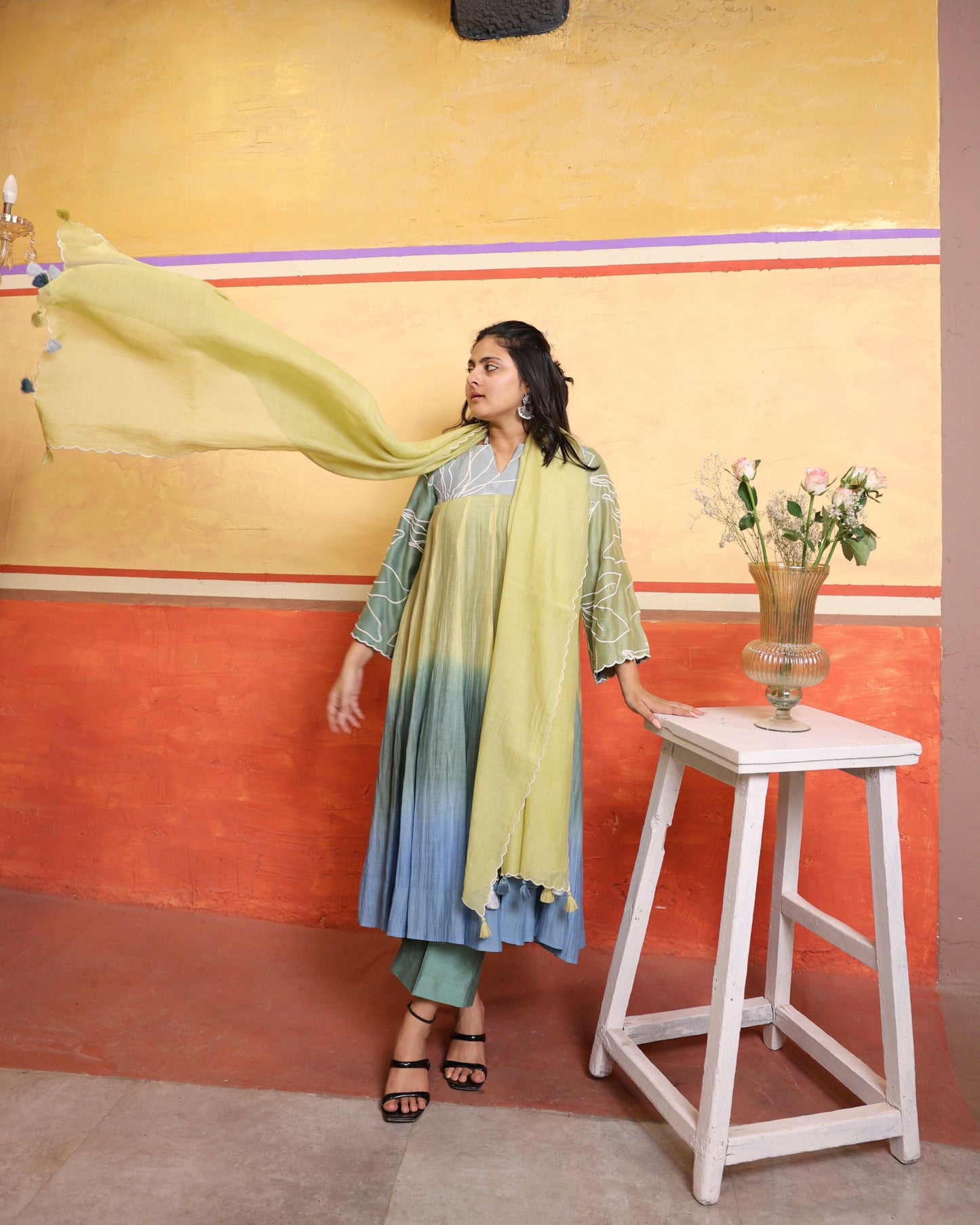 Ombre Sage Green Mulmul Chanderi Anarkali Set