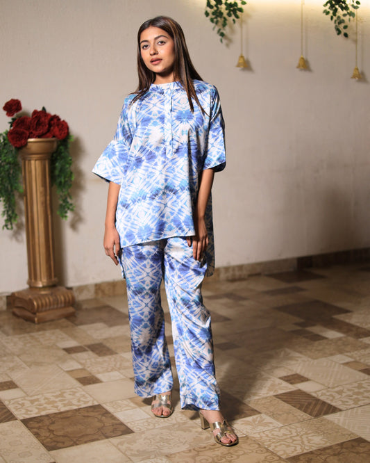 Blue Luxurious printed Satin Co-ord Set