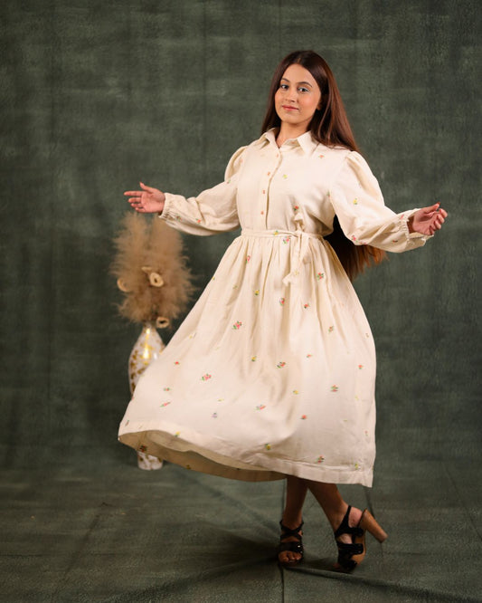 French Embroidered Flower Pattern Style Long Dress