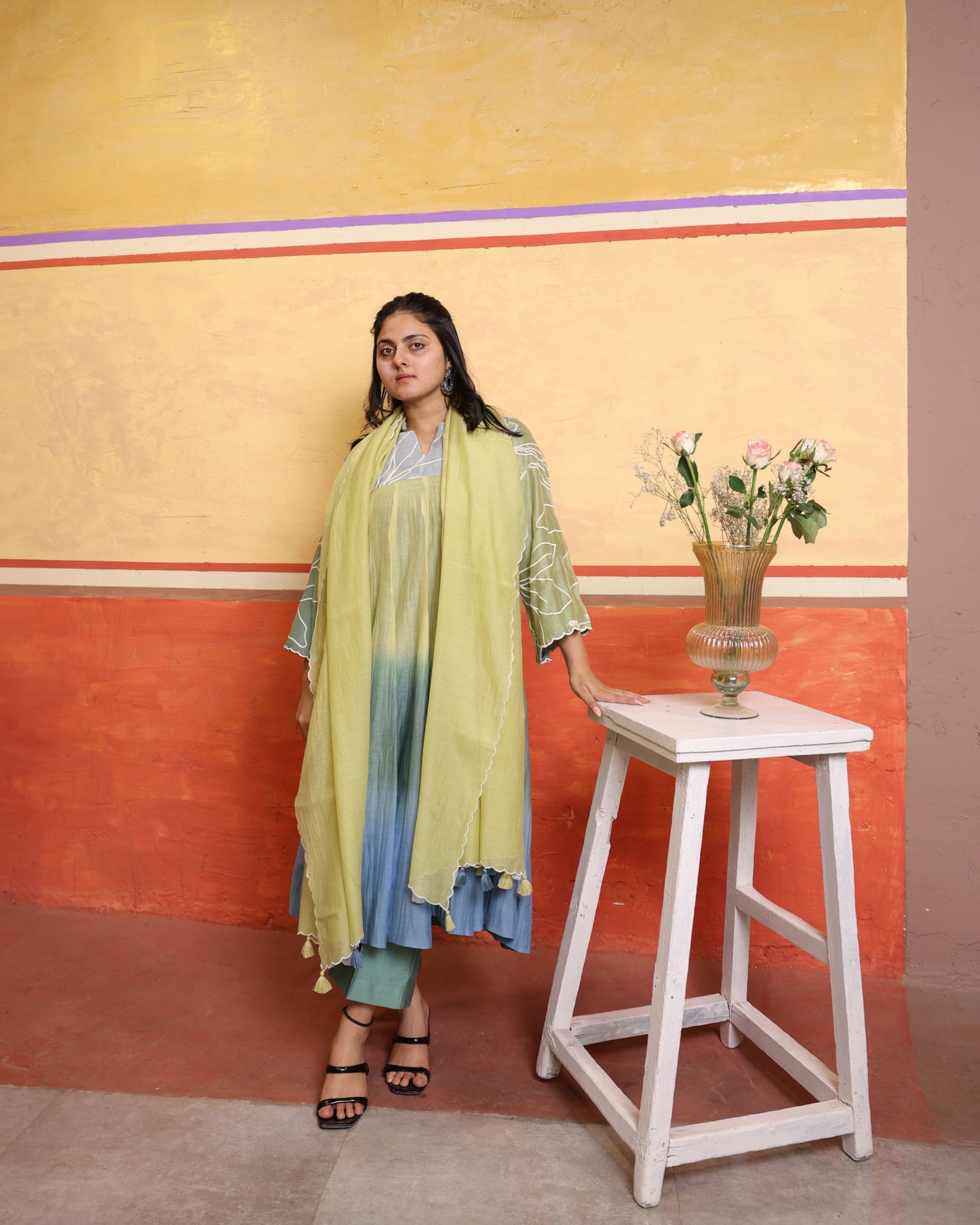 Ombre Sage Green Mulmul Chanderi Anarkali Set