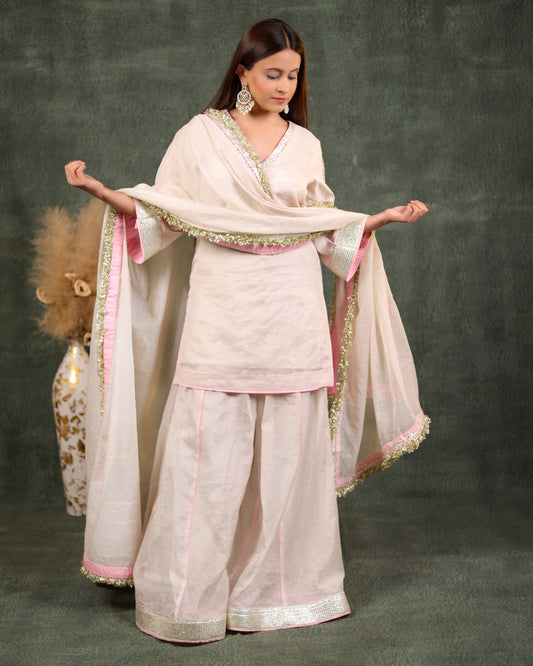 Shimmer white kurta with Sharara Set
