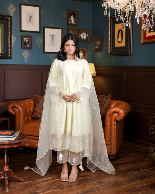 Lemon Yellow Mulmul Chanderi Kurta Set