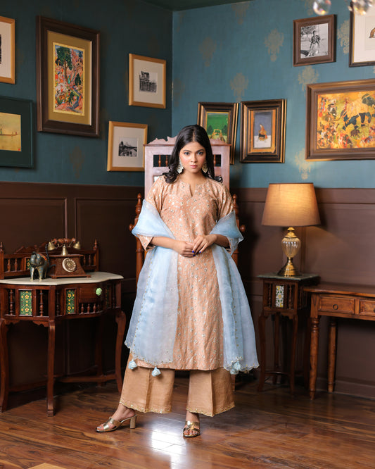 Medium Brown Satin Linen Embroidered Kurta Set