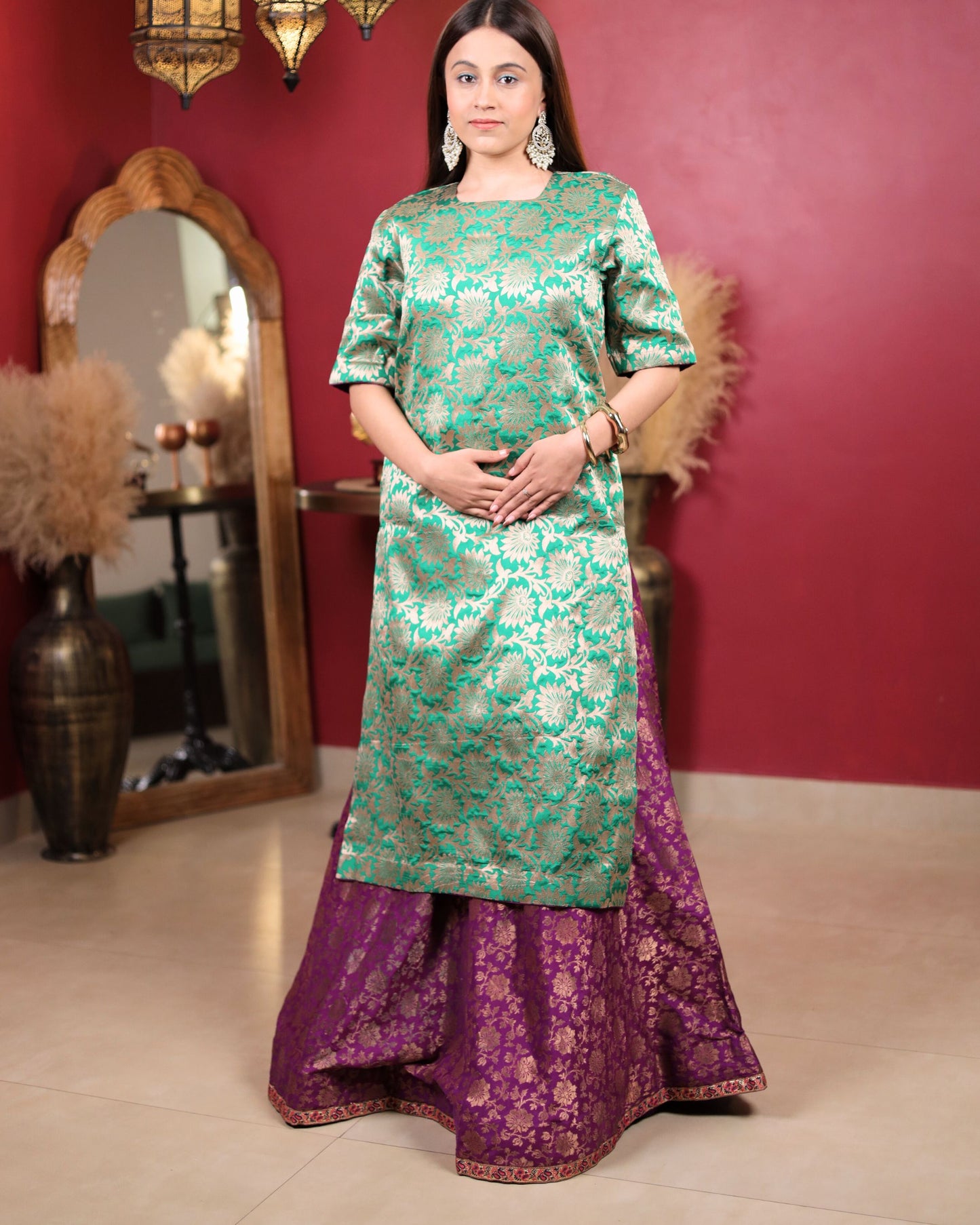 Emerald Green Kurta with Purple Sharara