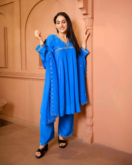 Blue Crepe Yoke Flared Kurta with Palazzo & Dupatta