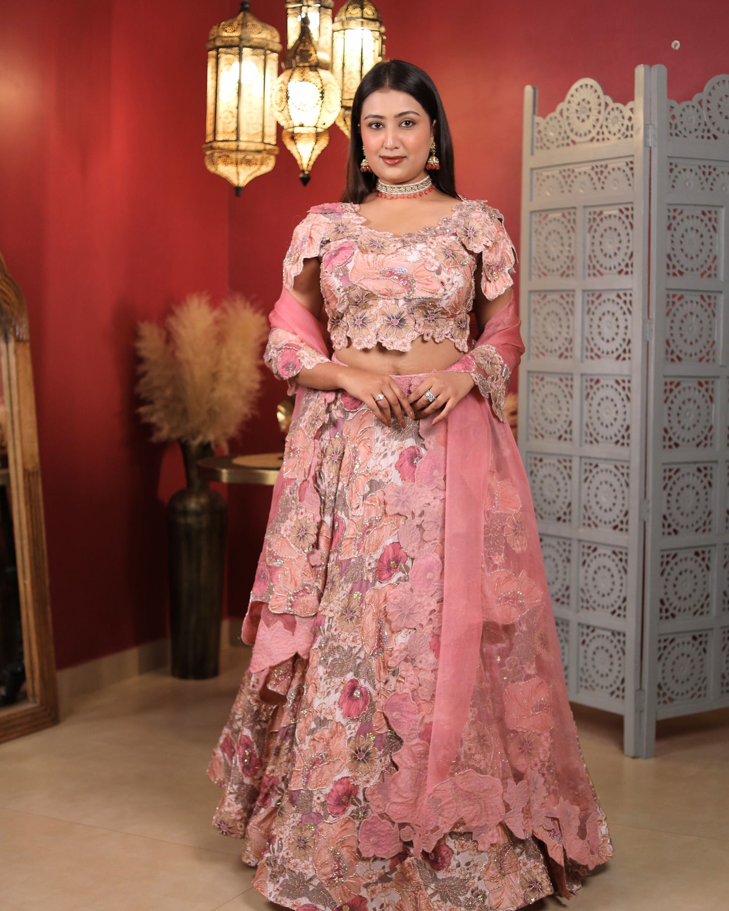 Sand Pink Georgette Floral Embroidered Lehenga Cutwork Dupatta Set