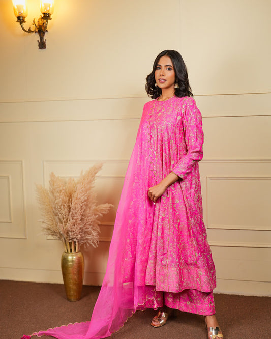 Sunheri Pink Mulmul Chanderi Anarkali Set