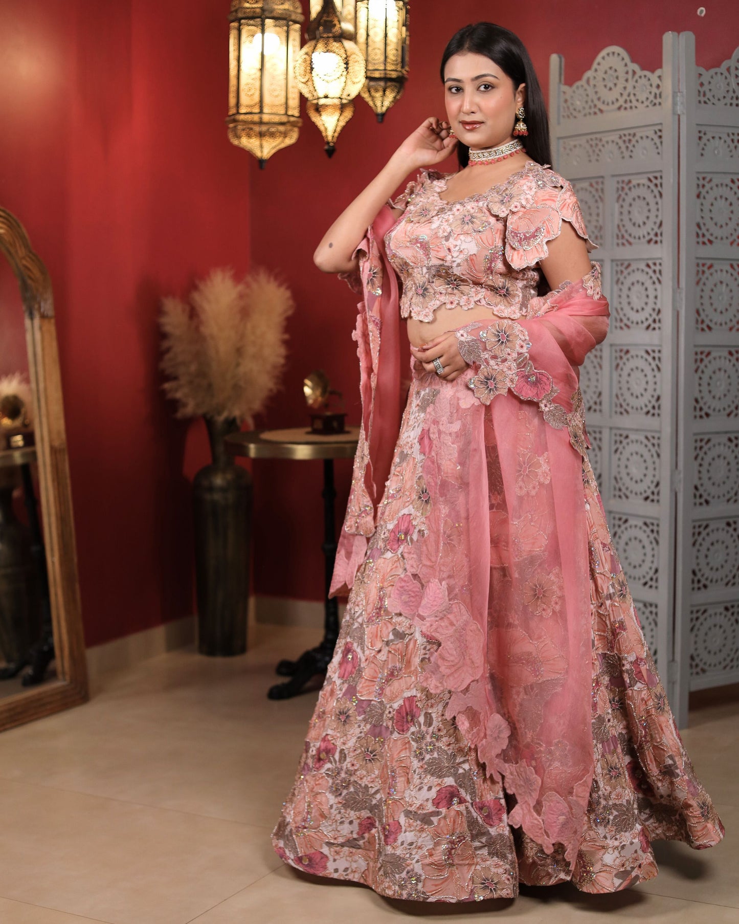 Sand Pink Georgette Floral Embroidered Lehenga Cutwork Dupatta Set
