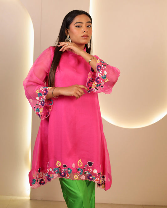 Hot Pink and Kelly Green Embroidered Organza Kurta Set