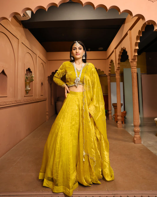Deep Yellow Tissue Organza Lehenga with Dupatta & Blouse