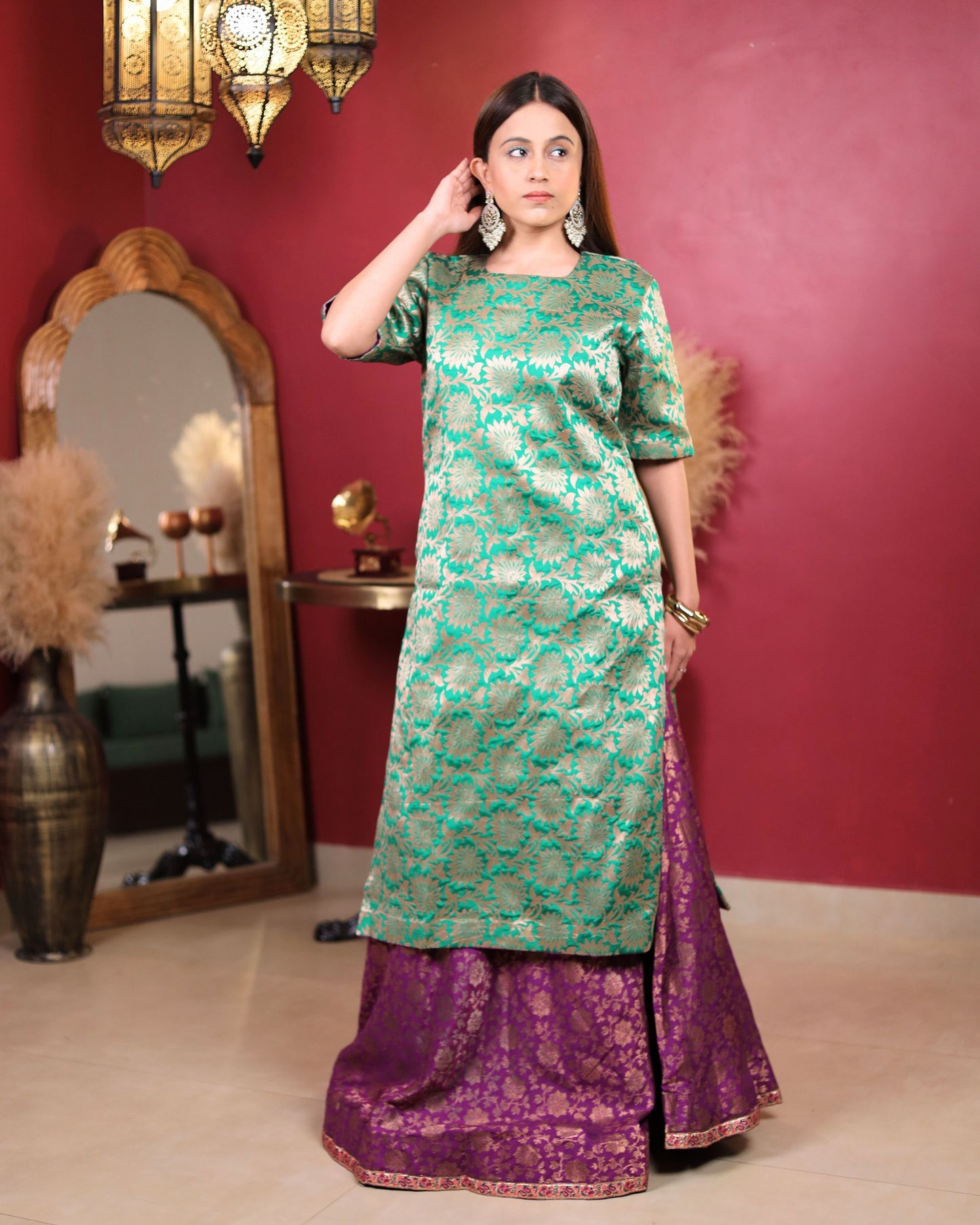 Emerald Green Kurta with Purple Sharara