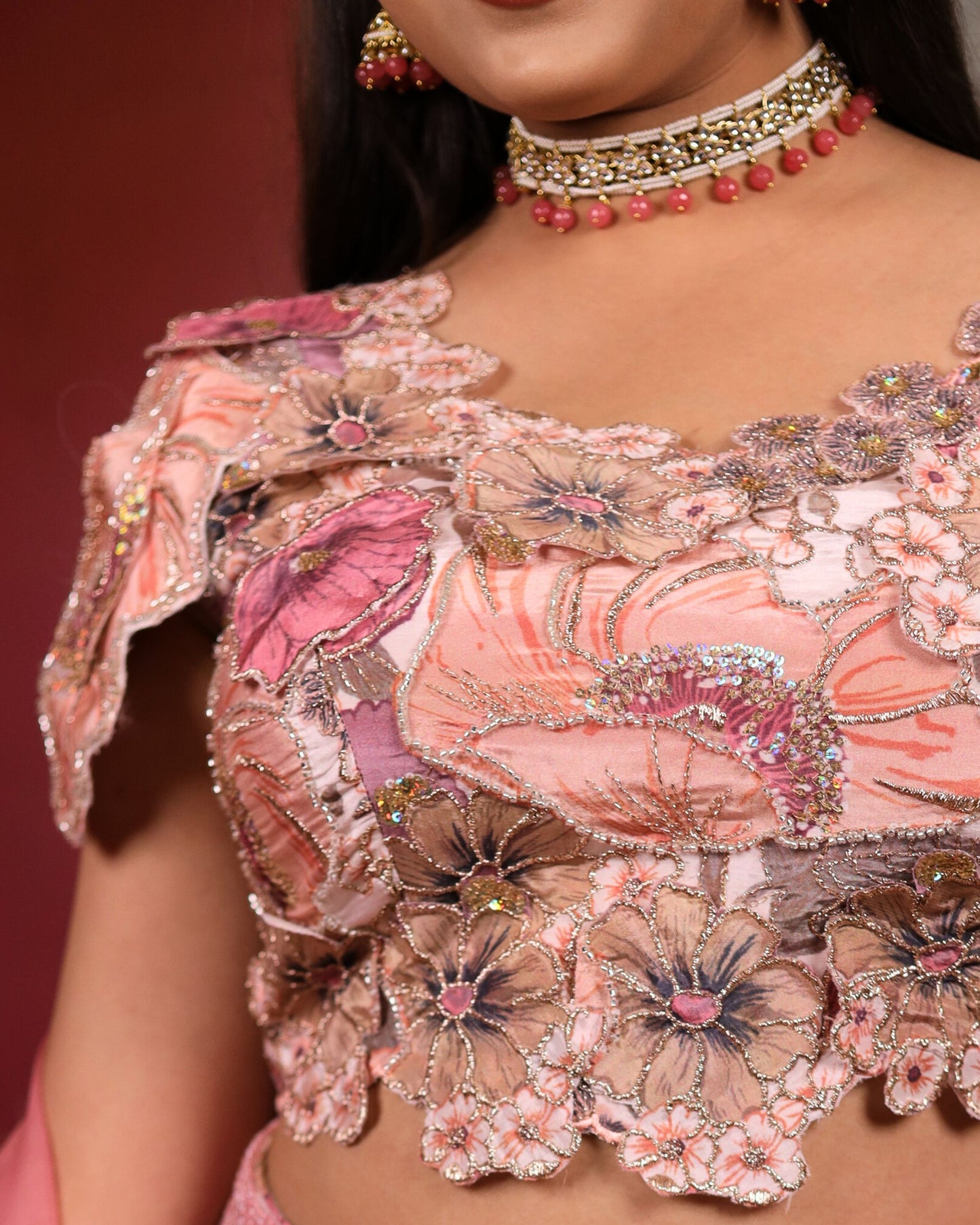 Sand Pink Georgette Floral Embroidered Lehenga Cutwork Dupatta Set