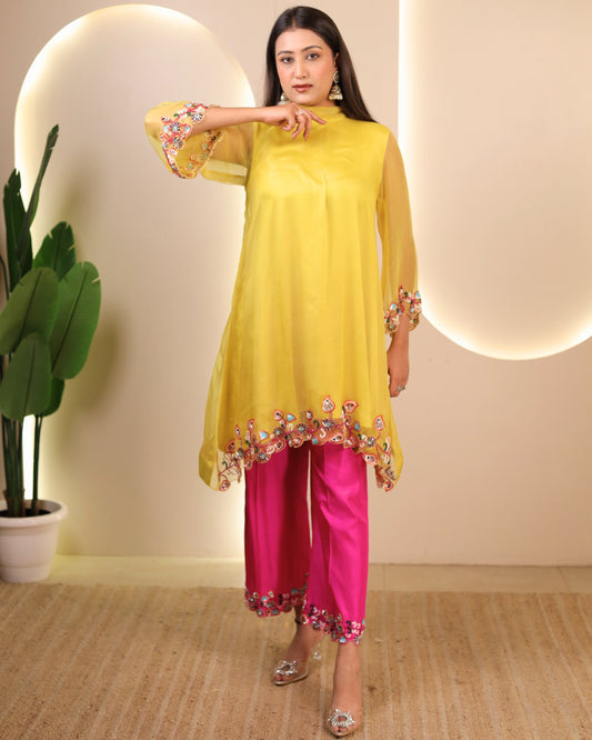 Yellow and Hot pink Embroidered Organza Kurta Set