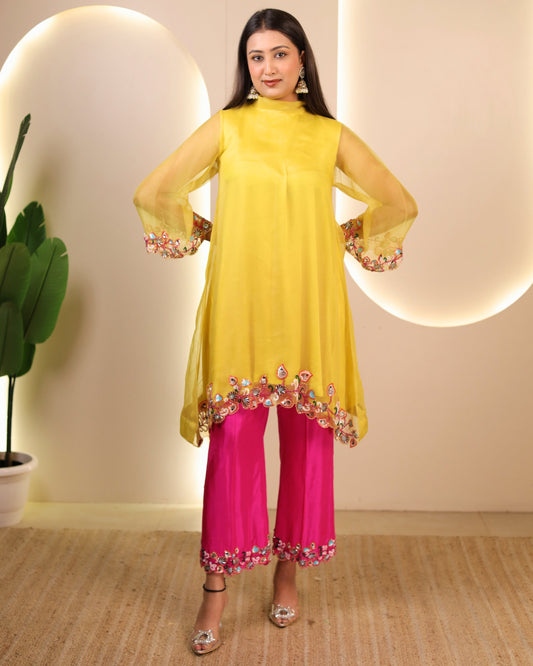 Yellow and Hot pink Embroidered Organza Kurta Set